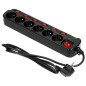 Strömförsörjningslist 'Multiswitch', 6 uttag 2P+Z, kabel 3x1,0mm², längd 1,5m. Termisk brytare. 10A/230 VAC, svart.