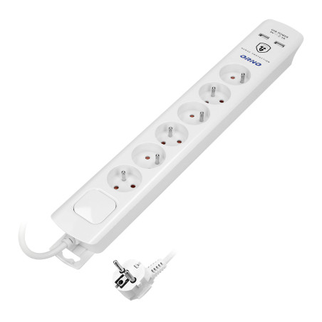 Överspänningsskydd, 6 uttag 2P+Z, kabel 3x1,0mm², längd 3m, med tvåvägs belyst strömbrytare. 10A/230 VAC, Och | HandlaSmidigt.se