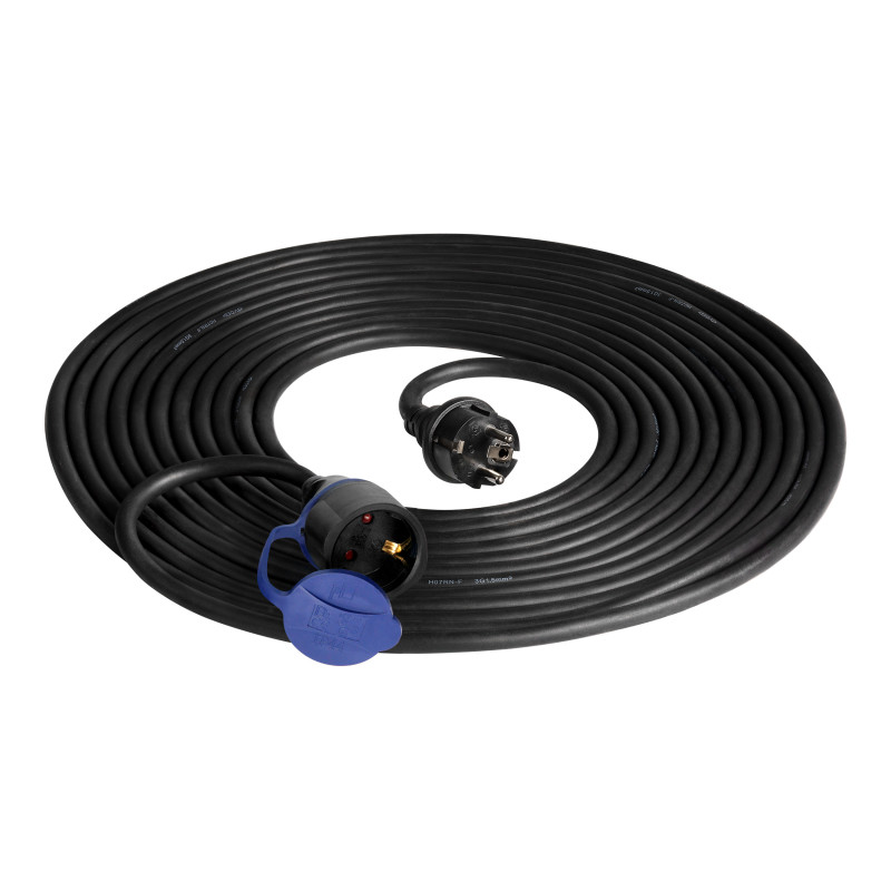Förlängningssladd för verkstad, stänksäker IP44, 1x2P+Z 10m, gummikabel oljebeständig H07RN-F 3x1,5mm², 230VAC/16A, Schuko