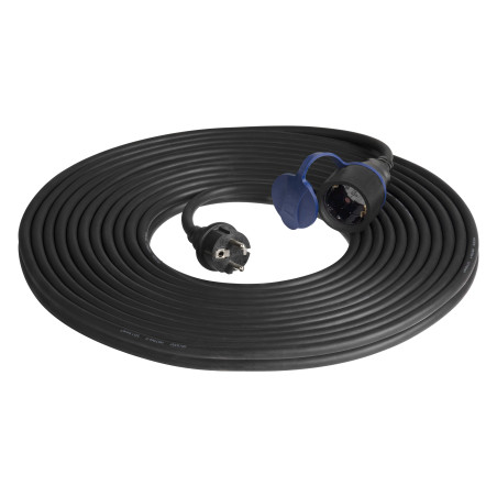 Förlängningssladd för verkstadssyfte, stänksäker IP44, 1x2P+Z 20m, gummikabel oljebeständig H07RN-F 3x1,5mm², 230VAC/16A, schuko