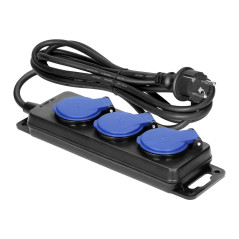 Förlängningskabel för verkstad, stänksäker IP44, 3 uttag 2P+Z IP44, gummikabel, H05RR-F 3x1,5mm², längd 3m.