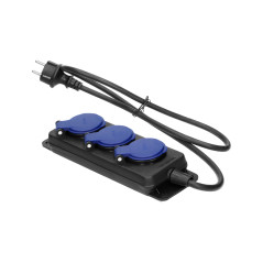 Förlängningskabel för verkstad, stänksäker IP44, 3 uttag 2P+Z IP44, gummikabel, H05RR-F 3x1,5mm², längd 3m.
