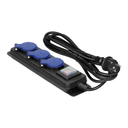 Förlängningssladd för verkstad med stänkskydd och strömbrytare IP44, 3 uttag 2P+Z IP44, gummiisolering, H05RR-F 3x1,5mm², 3m