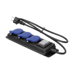 Förlängningssladd för verkstad med stänkskydd och strömbrytare IP44, 3 uttag 2P+Z IP44, gummiisolering, H05RR-F 3x1,5mm², 3m