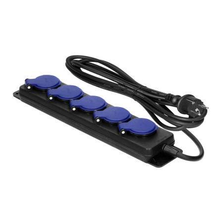 Förlängningskabel för verkstad, stänksäker IP44, 5 uttag 2P+Z IP44, gummikabel, H05RR-F 3x1,5mm², längd 3m.