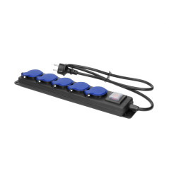 Förlängningssladd för verkstad med stänkskydd och strömbrytare, 5 uttag 2P+Z, IP44, gummikabel, H05RR-F 3x1,5mm², längd 3m.