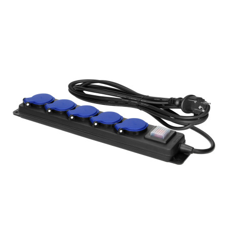 Förlängningssladd för verkstaden med strilskydd och strömbrytare, 5 uttag 2P+Z, IP44, gummikabel, H05RR-F 3x1,5mm², längd 5m.