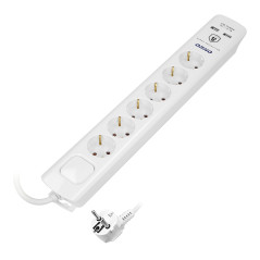 Överspänningsskydd, 6 uttag 2P+Z (Schuko), kabel 3x1,5mm², längd 3m, med tvåvägs belyst strömbrytare. 16A/230V. |…