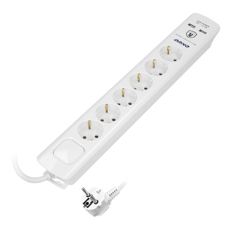 Överspänningsskydd, 6 uttag 2P+Z (Schuko), kabel 3x1,5mm², längd 3m, med tvåvägs belyst strömbrytare. 16A/230V. |…