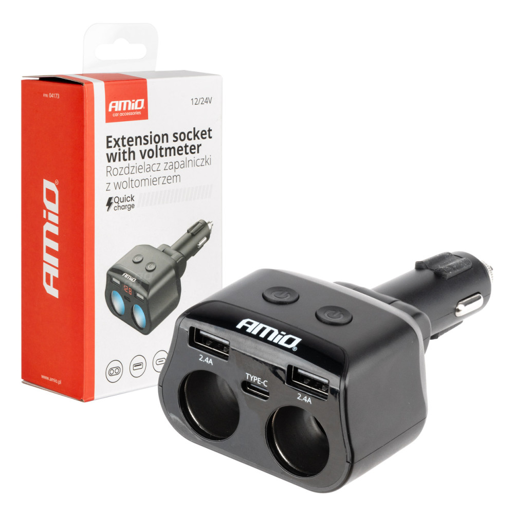 Förgrenare splitter cigarettändaruttag 2x usb 1x usb-c 12v 24v + voltmeter amio-04173 Förgrenare splitter cigarettändaruttag 2x usb 1x usb-c 12v 24v + voltmeter amio-04173