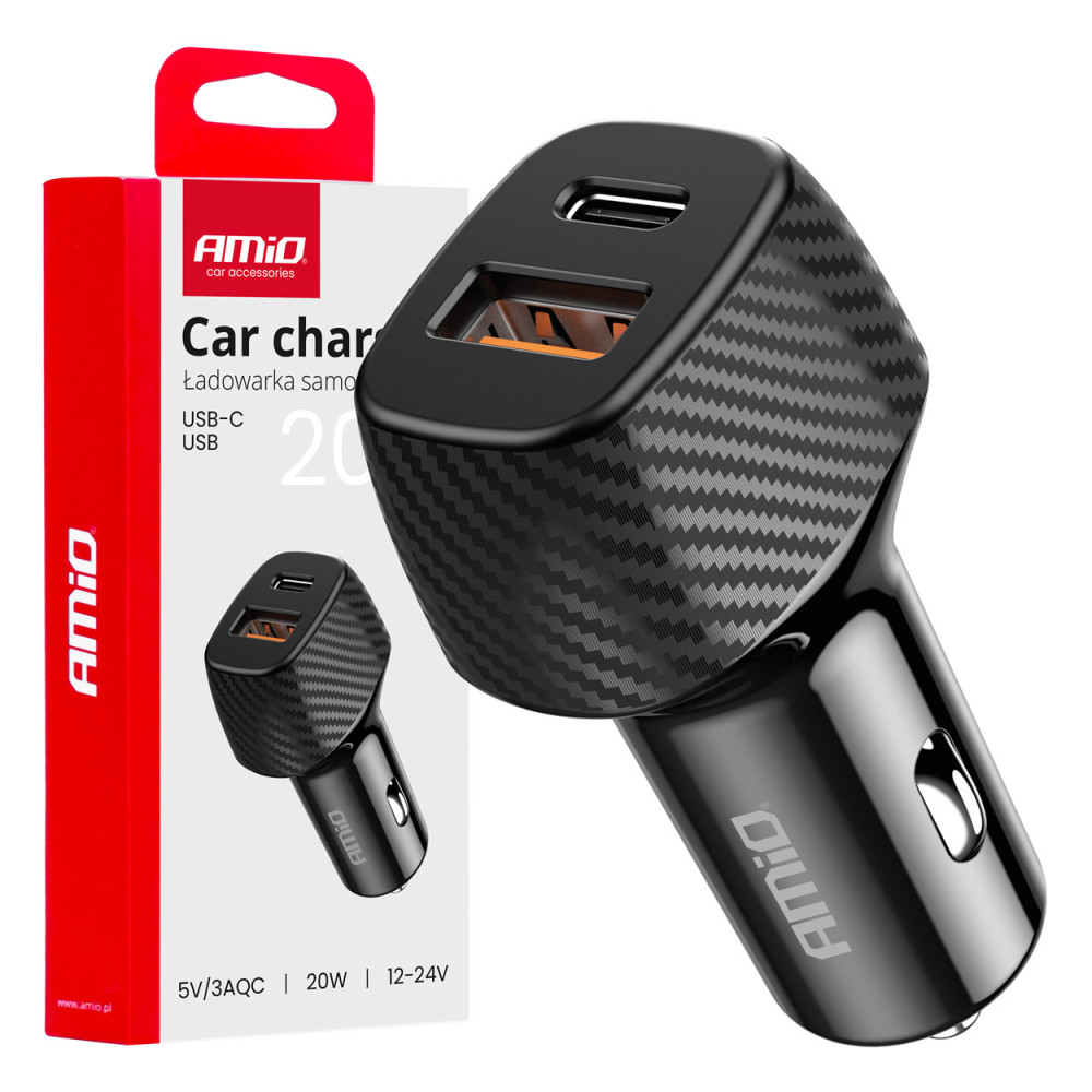 Bil laddare qc+pd 20w usb-a + usb-c amio-04282 Bil laddare qc+pd 20w usb-a + usb-c amio-04282
