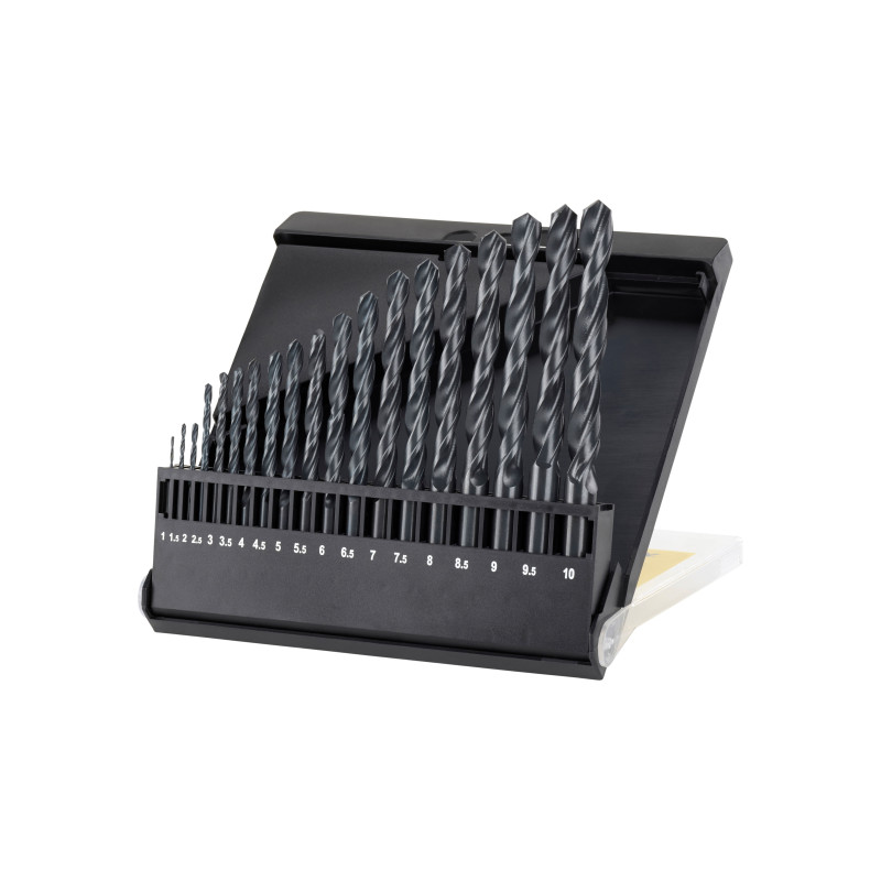 Borrsatser för metall HSS-R DIN338, 19 delar, från 1 mm till 10 mm med 0,5 mm steg.