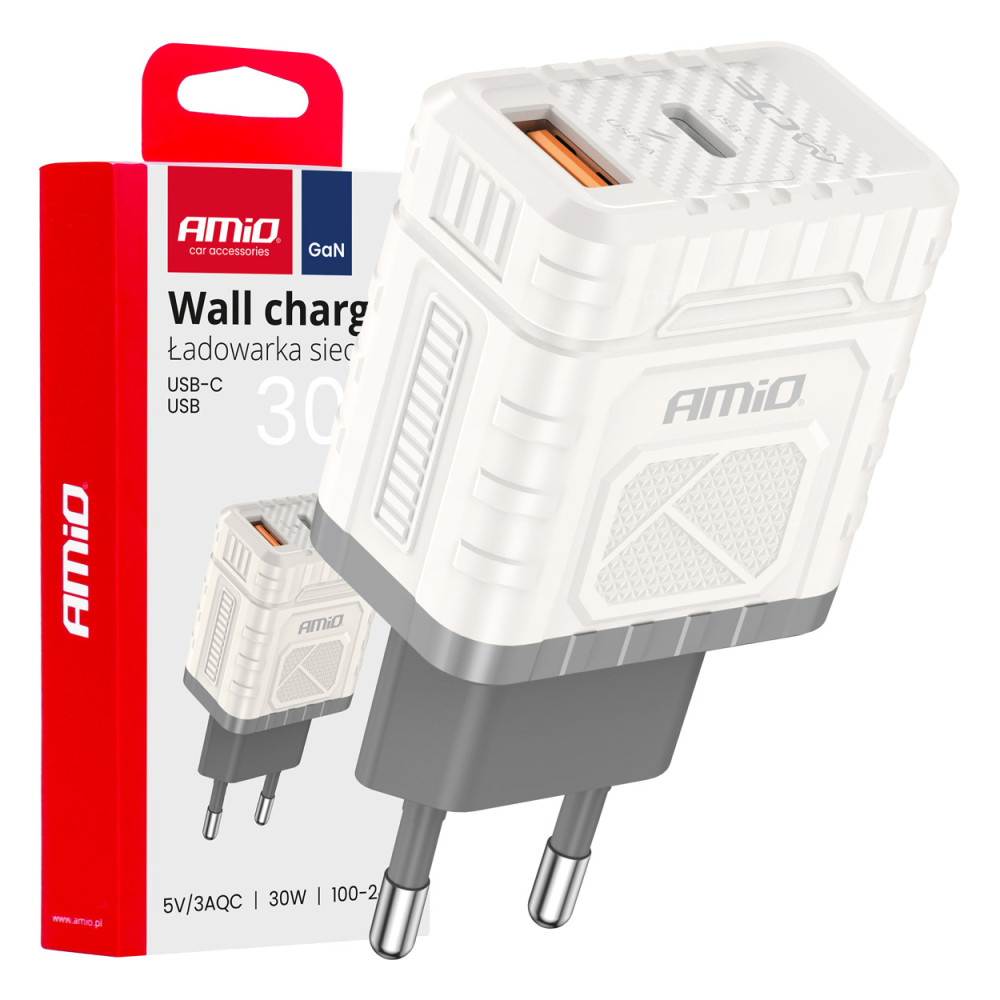 Nätadapter quick charge gan 30w usb-a + usb-c amio-04286