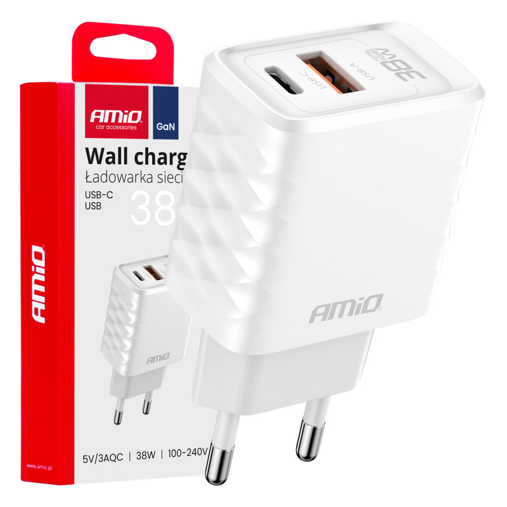 Nätadapter quick charge gan 38w usb-a + usb-c amio-04287
