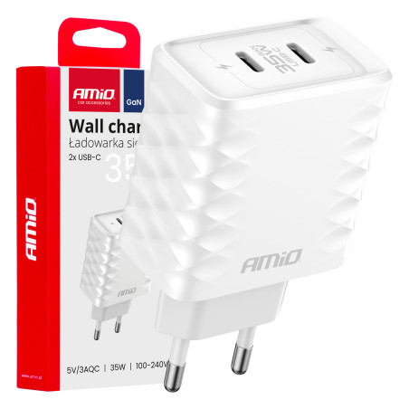 Nätadapter quick charge 35w 2x usb-c 100-240v amio-04288