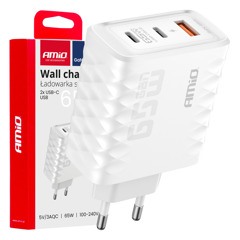 Nätadapter quick charge 65w usb-a + 2x usb-c amio-04289