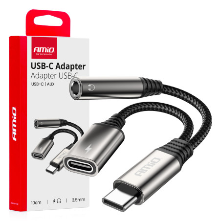 Adapter förgrening usb-c till usb-c + mini jack 3,5 mm 10 cm amio-04295