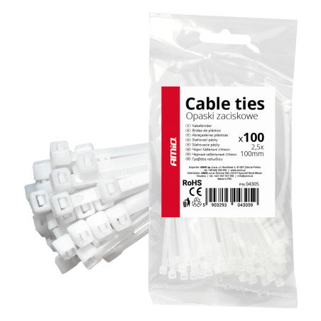 Kabelbindare vita 2,5×100 mm 100 st. amio-04305