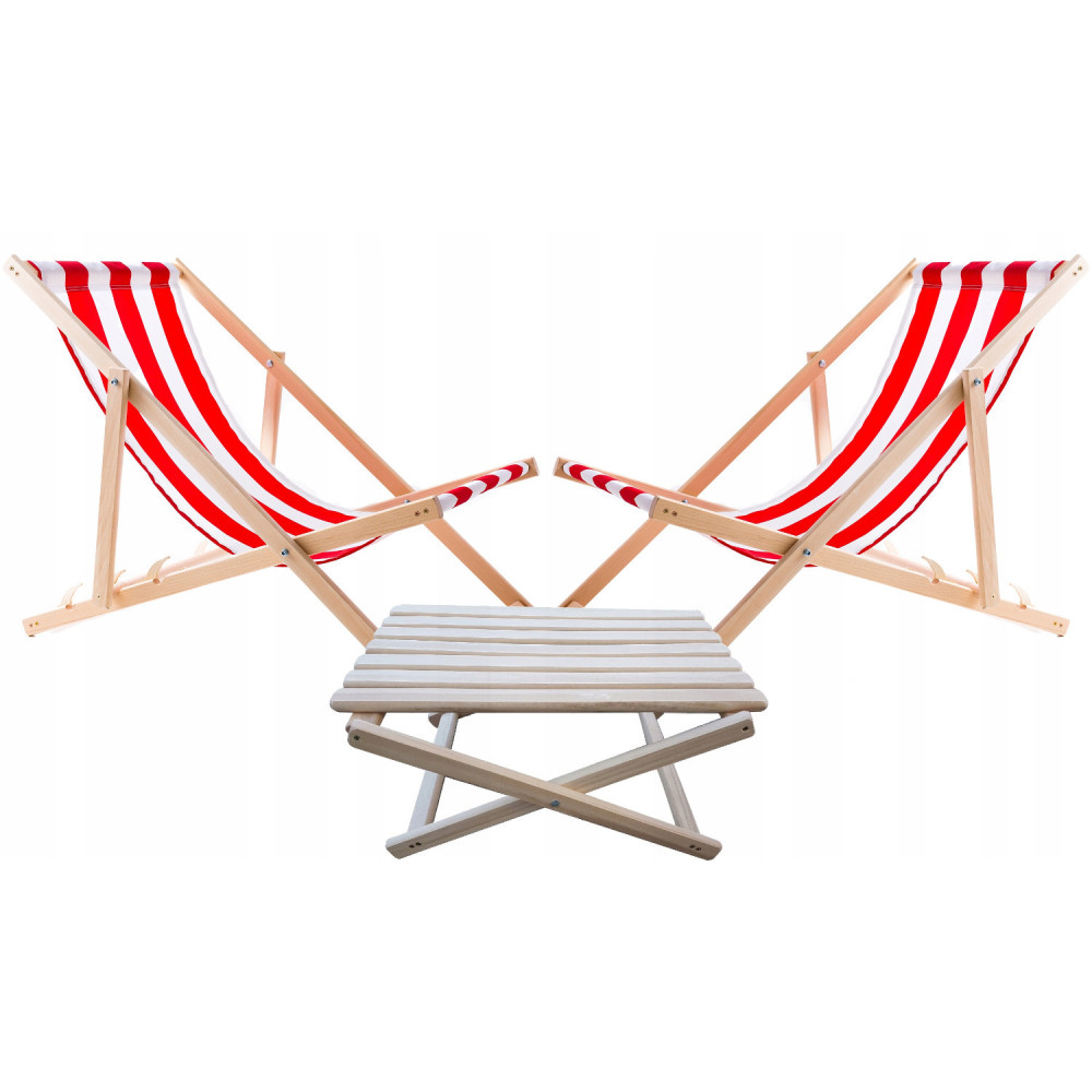 Set med solstolsbord + 2 solstolar Röda remmar, WOODOK