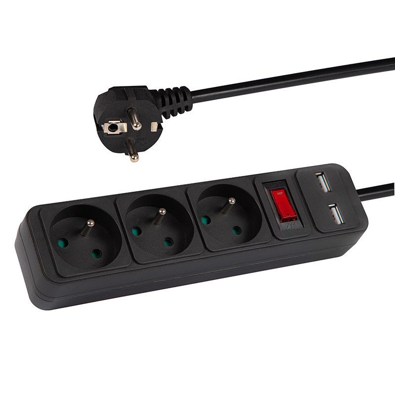98-774- Nätdelar förlängare pr-370wsp/usb 3-uttag+usb med jordning+strömbrytare 1,5m svart 3x1,5mm