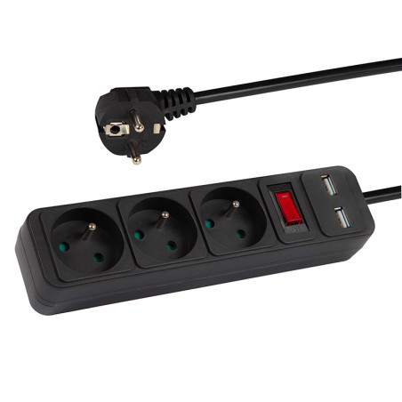 98-774- Nätdelar förlängare pr-370wsp/usb 3-uttag+usb med jordning+strömbrytare 1,5m svart 3x1,5mm | HandlaSmidigt.se