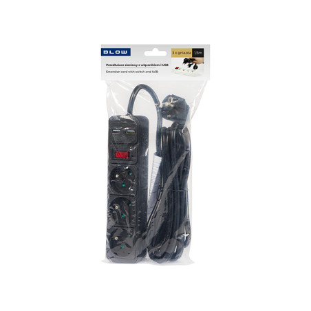 98-774- Nätdelar förlängare pr-370wsp/usb 3-uttag+usb med jordning+strömbrytare 1,5m svart 3x1,5mm