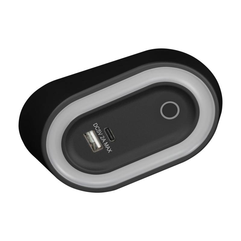 AGRA LED-underställslampa 2,5W, 80lm, 4000K, med beröringsfri strömbrytare och USB A+C-laddningsfunktion, svart