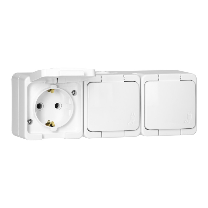 Utomhus vägguttag med tre uttag, 3x 2P+Z SCHUKO, stänksäkert med lock, IP44, SMART, vit