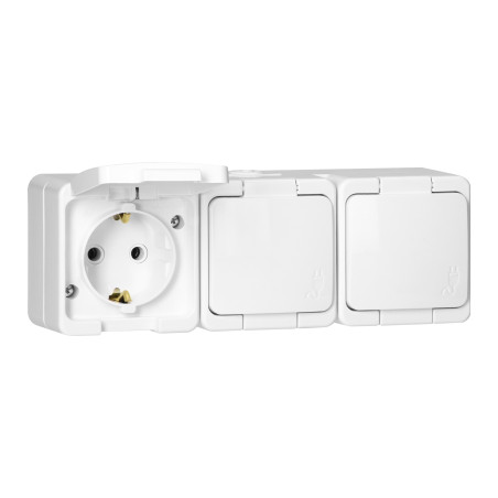 Utomhus vägguttag med tre uttag, 3x 2P+Z SCHUKO, stänksäkert med lock, IP44, SMART, vit | HandlaSmidigt.se