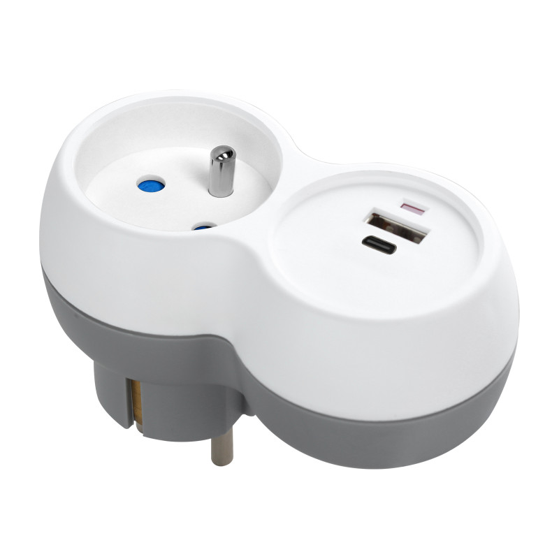 Grenuttag 2P+Z, USB-A+C, vit-grå