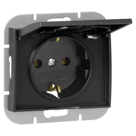 Utomhus enkeluttag för 2P+Z Schuko med stänkskydd och lock Onyx, 16A, 250V, PT-17OH, svart