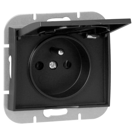 Utomhusuttag enkel för 2P+Z med stänkskydd och lock Onyx, 16A, 250V, PT-16OH, svart