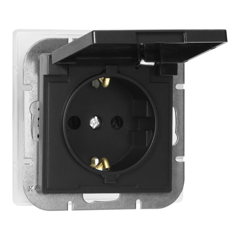 Utomhus enkeluttag för 2P+Z Schuko med stänkskydd och lock Pearl, 16A, 250V, PT-17PH, svart