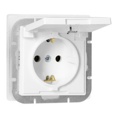 Utomhus enkeluttag för 2P+Z Schuko med stänkskydd och lock Pearl, 16A, 250V, PT-17PH, vit