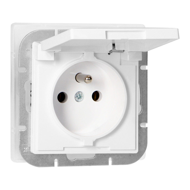 Utomhusuttag enkel 2P+Z stänkskydd med lock Pearl, 16A, 250V, PT-16PH, vit