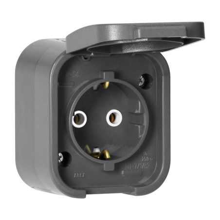 Utomhus eluttag enkel jordad 2P+Z, Schuko, stänkskydd med lock B2, IP54, NT-17B2, grå