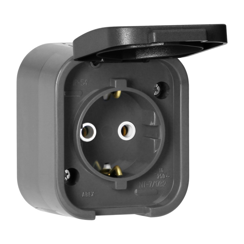 Utomhusuttag enkel jordad 2P+Z, Schuko, stänksäker med lock B2, IP54, NT-17B2, grå/svart