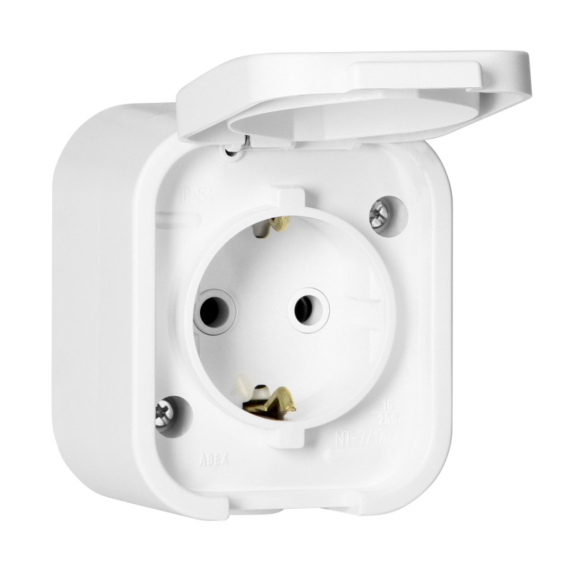 Utomhusuttag enkel 2P+Z, Schuko, stänkskyddat med lock B2, IP54, NT-17B2, vit