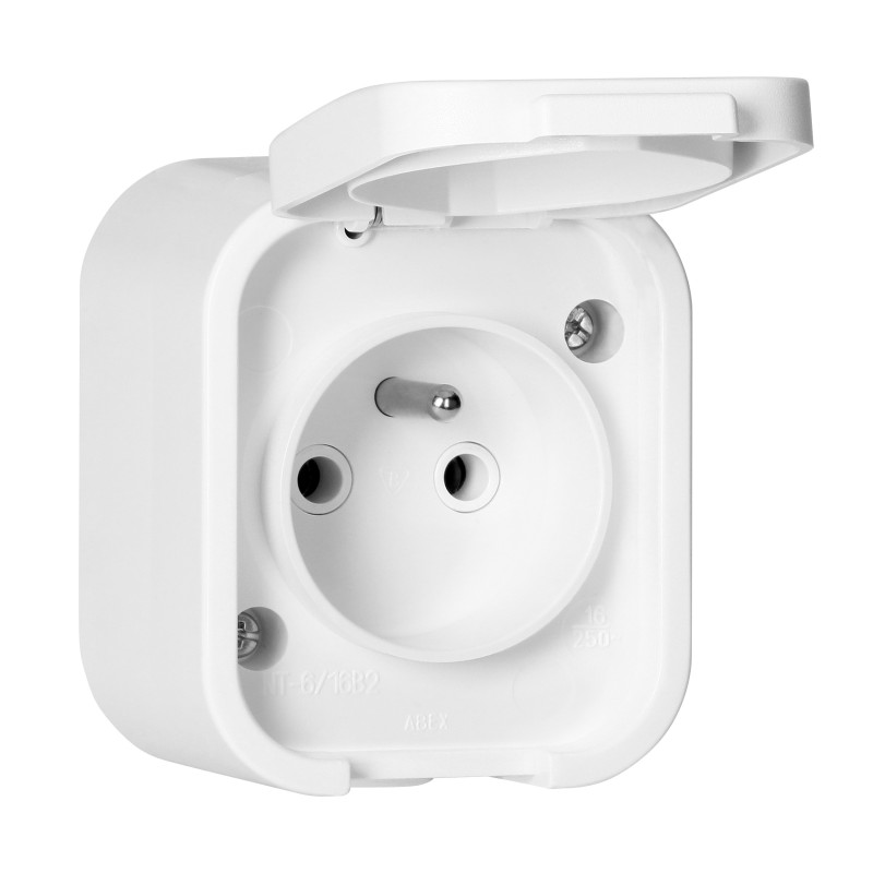Utomhusuttag enkel 2P+Z, stänksäker med lock B2, IP54, NT-16B2, vit