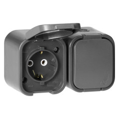 Dubbeluttag för 2P+Z, Schuko, stänksäker med lock B2, IP54, NT-7B2, grå
