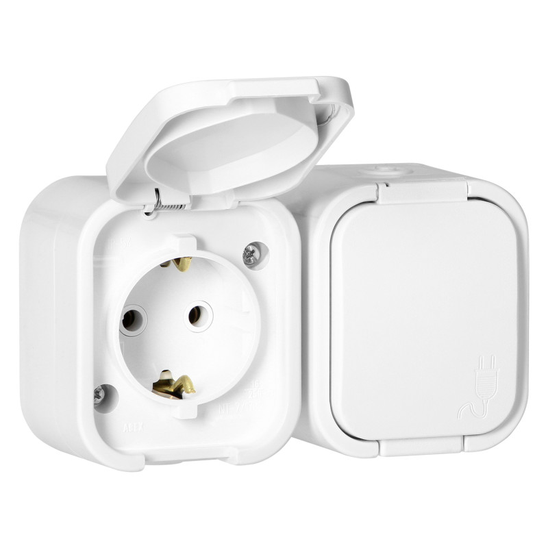 Dubbelt vägguttag 2P+Z, Schuko, stänkskyddat med lock B2, IP54, NT-7B2, vit