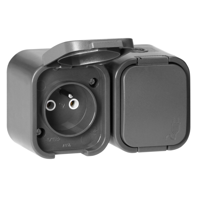 Dubbeluttag för 2x2P+Z, stänksäkert med lock B2, IP54, NT-6B2, grå