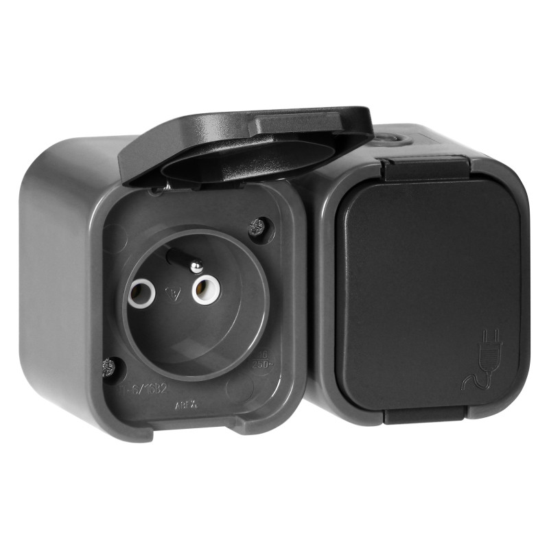 Dubbeluttag för 2x2P+Z, stänkskyddat med lock B2, IP54, NT-6B2, grå/svart