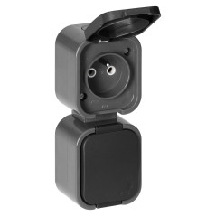 Dubbeluttag för 2x2P+Z, stänkskyddat med lock, vertikalt B2, IP54, NT-6B2/P, grå/svart.