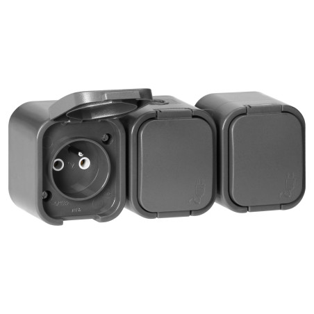 Utomhusuttag trippel jordad 3x2P+Z, stänksäkert med lock B2, IP54, NT-316 B2, grå