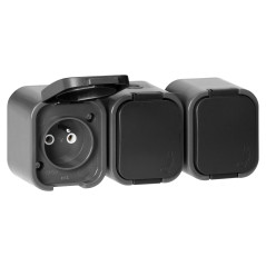 Utomhusuttag med tre uttag för 3x2P+Z, stänksäkert med lock B2, IP54, NT-316 B2, grå/svart.