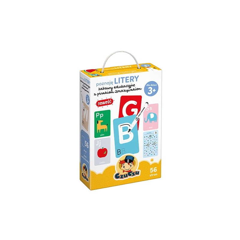 Utbildningsset lär känna bokstäver, utbildningslekar med en penna och sudd.