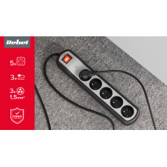 Strömfördelningslist Rebel med 5 uttag och strömbrytare (3m, 3x1,5mm)