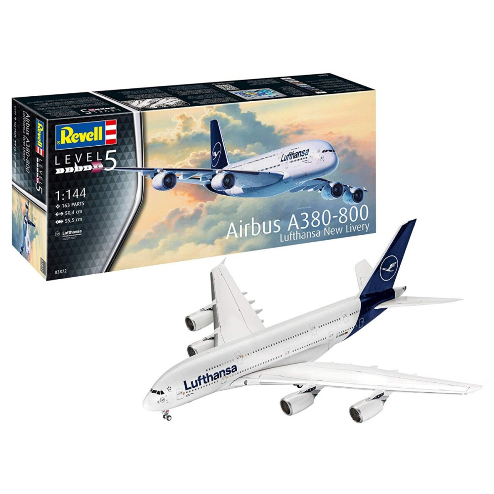 Modell av Airbus A380-800 i plastmaterial med Lufthansas nya färgsättning.