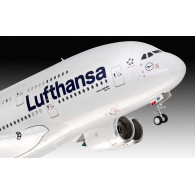 Modell av Airbus A380-800 i plastmaterial med Lufthansas nya färgsättning.